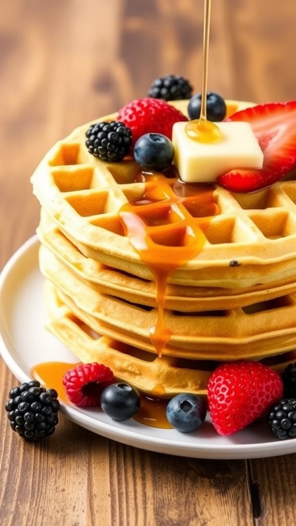 A fluffy low carb waffle topped with berries and syrup on a wooden table.